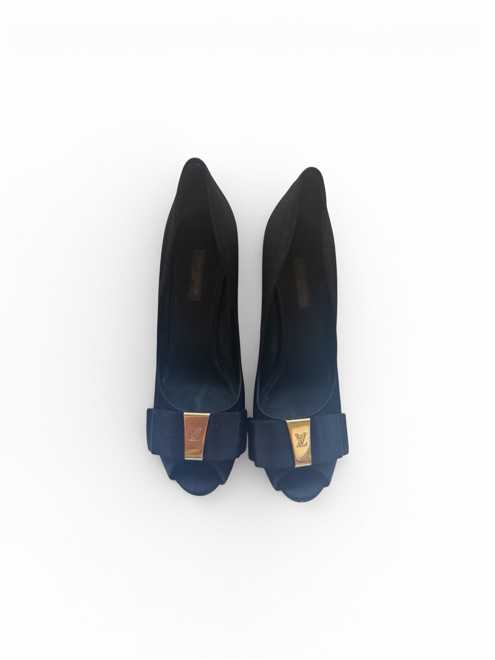 Louis Vuitton Black Peep-Toe Pumps with Gold LV Bow